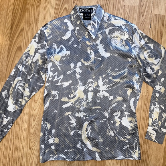 Escada (34 EU) 100% silk vintage shirt with abstract grey & ivory pattern - Picture 6 of 15